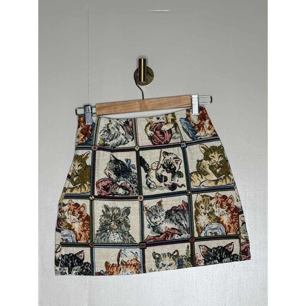 Vintage Style Cat Tapestry‎ Mini Skirt XS Woven Feline Kitten Print A-Line Skirt